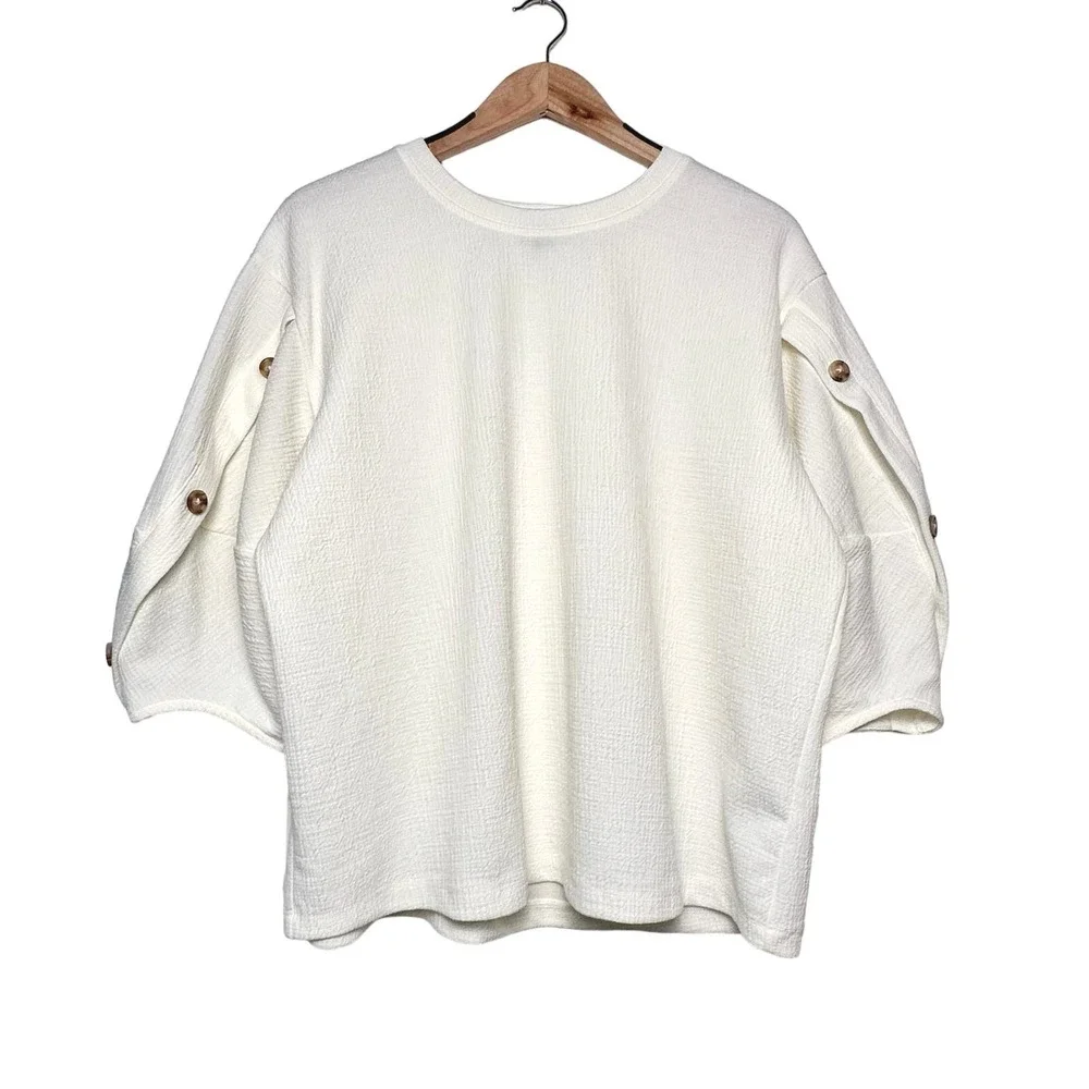 Current Air Anthropologie | Women | Cream Textured Puff Sleeve Top | Size Large